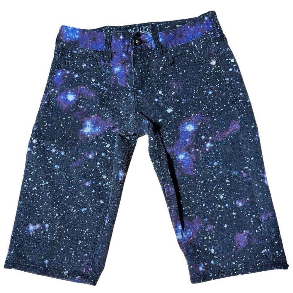 RUDE Hot Topic Galaxy Space Stars Purple Skinny Jean Shorts Men’s 28